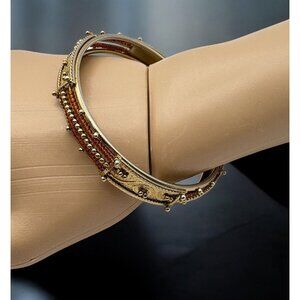 Vintage Gold Tone Art Deco Bangle Bracelet With Amber Colored Bead Accents